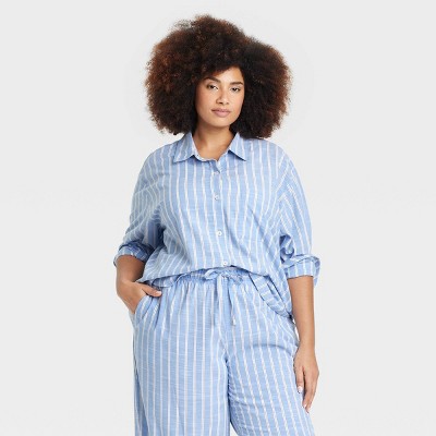 Women's Striped Cotton Blend Long Sleeve Pajama Shirt - Auden™ Light Blue 4X