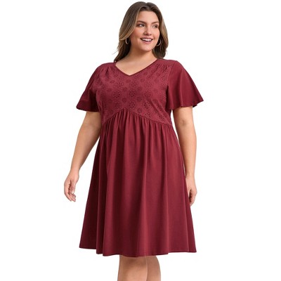 GRACE & GRANDEUR Women's Plus Size V Neck Ruffle Sleeve High Waist Front Embroidered A Line Dresses