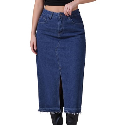 INSPIRE CHIC Women's Denim Front Slit Raw Hem High Waisted Midi Jean Skirts