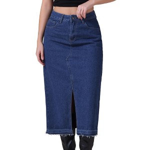 INSPIRE CHIC Women's Denim Front Slit Raw Hem High Waisted Midi Jean Skirts - 1 of 4