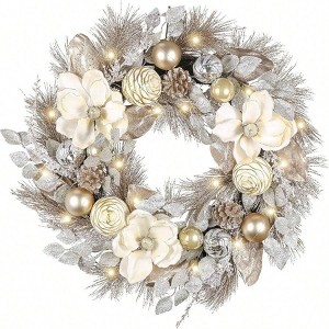 24 inch pre lit wreath front door with lights collapsible outdoor holiday decor champagne gold magnoliaxmas balls home decoration - 1 of 4