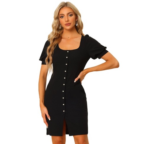 Allegra K Women's Work Office Button Decor Long Sleeve Dress Black Small