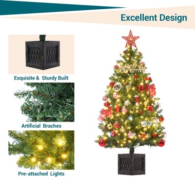 4.5ft Artificial Christmas Tree, Snow Flocked Christmas Tree, Potted Holiday Xmas Tree with Lights, Light Box, Christmas Tree Holiday Decor