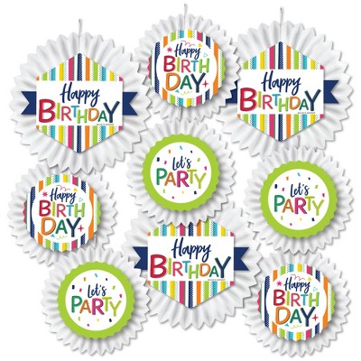 Big Dot of Happiness Cheerful Happy Birthday - Hanging Colorful Birthday Party Tissue Decoration Kit - Paper Fans - Set of 9