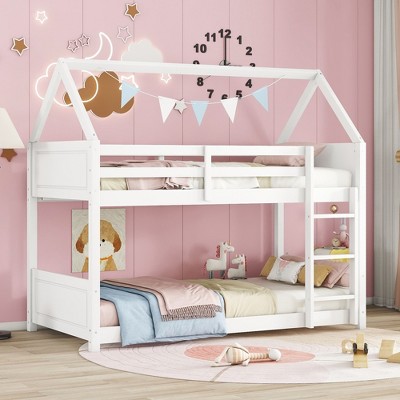 NicBex Twin over Twin Bunk Bed House Shape Wooden Bed Frame with Headboard, Ladder and Full Length Guardrail, No Box Spring Required
