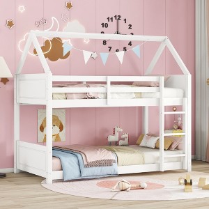 NicBex Twin over Twin Bunk Bed House Shape Wooden Bed Frame with Headboard, Ladder and Full Length Guardrail, No Box Spring Required - 1 of 4