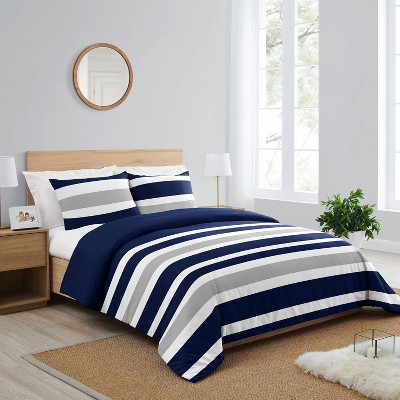 Navy and Gray Striped Full Microfiber Comforter Set