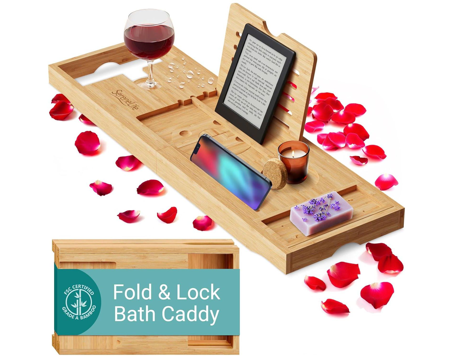 SereneLife Foldable Caddy Tray with Silicone Sides – Expandable Bamboo Bathtub Tray with Food - Brown