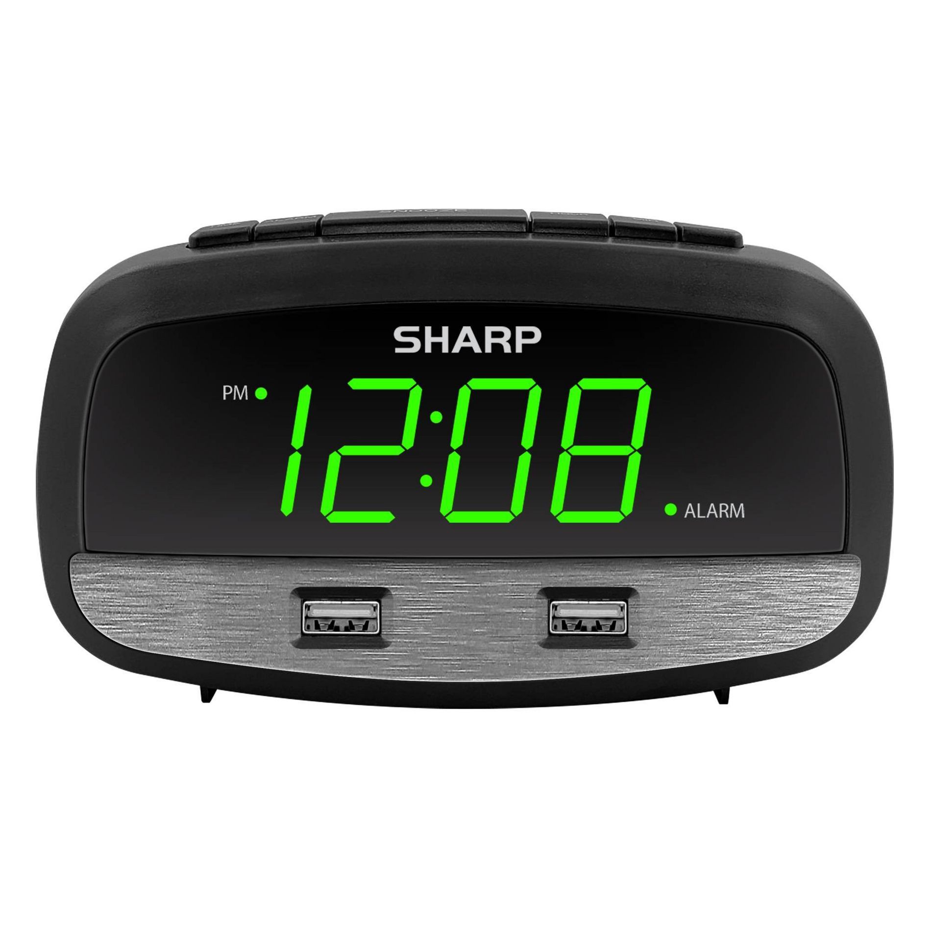 2/2 Amp USB Charge LED Alarm Clock Black - Sharp: Modern Bedroom Clock with Loud Alarm & Digital Display