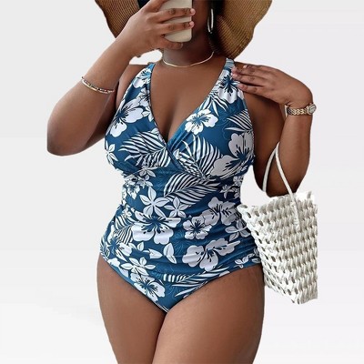 Swimsuits Sets for Plus Size Women Crossback Tankini Floral Bathing Suits Faux Wrao Two Piece Blue Swimsuits with Bottom