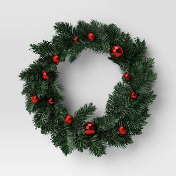20" Pine Bough with Red Ornaments Artificial Christmas Wreath Green - Wondershop™