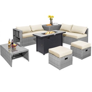 Tangkula 9 PCS Patio Furniture Set with 42" 60,000 BTU Fire Pit Outdoor Space-Saving Sectional Sofa Set with Storage Box Black/Gray/Navy/Red/Turquoise/Off White - 1 of 4