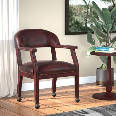 Regal Burgundy Vinyl Captain's Chair with Mahogany Wood Base