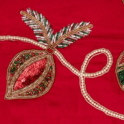 72" Red Velvet Beaded Christmas Tree Skirt with Sequins and Jewels