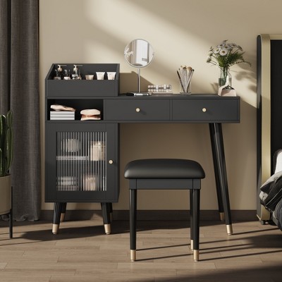 VYNXARIA Modern Makeup Vanity Desk with Drawers, Cabinet & Charging Port, Space-saving Dressing Table Set with Stool for Small Places, Black
