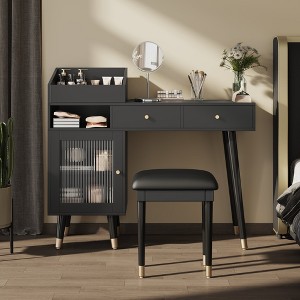 VYNXARIA Modern Makeup Vanity Desk with Drawers, Cabinet & Charging Port, Space-saving Dressing Table Set with Stool for Small Places, Black - 1 of 4
