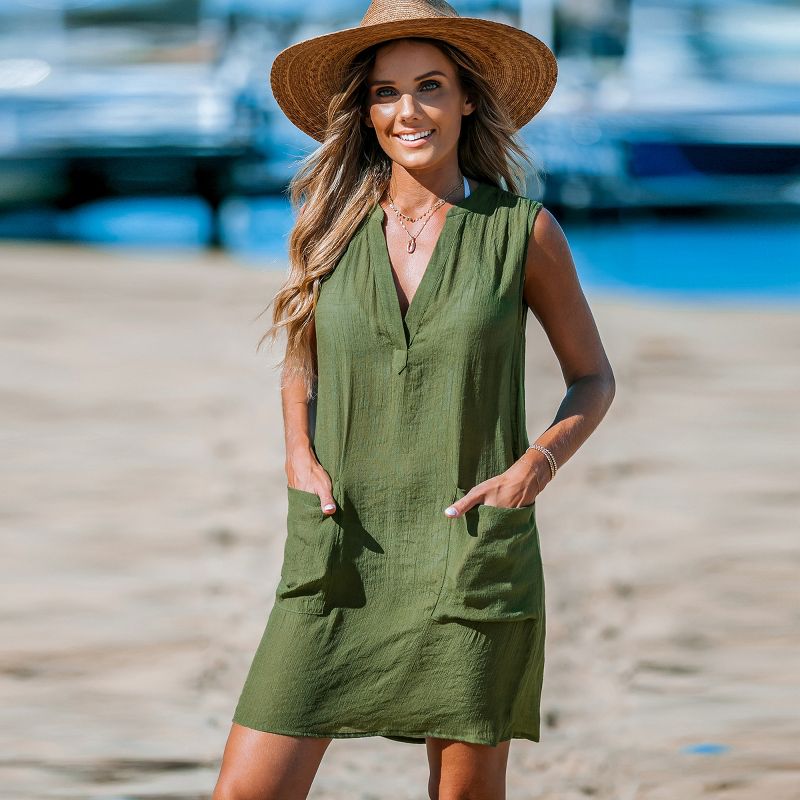 Women's Olive Patch Pocket Mini Cover-Up Dress - Cupshe, 3 of 7