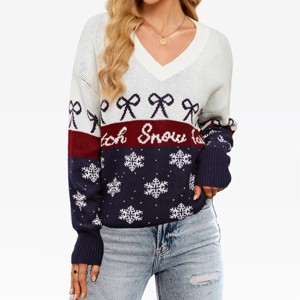 Christmas Sweater for Women Snowflakes Jacquard Color Block V Neck Sweater for Layering Style Outfits Winter Cozy Sweater - 1 of 4