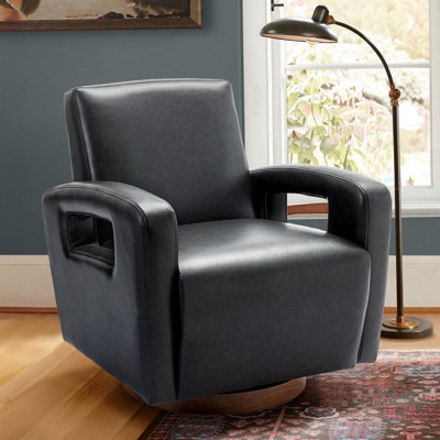 Lirago Single Sofa Swivel Chair for Living Room - Modern Faux Leather Design with Solid Wooden Base, Black, Size 30"x32"x32.7"