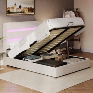 Full/Queen/King Size Velvet Upholstered Platform Bed, Lift-Up Hydraulic Storage Bed with RGB LED Light Headboard - ModernLuxe - 1 of 4
