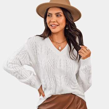 Women's Cable Knit V-Neck Sweater - Cupshe