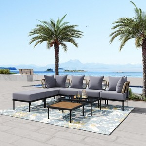 8-Piece Patio Sectional Sofa Set with Tempered Glass Coffee Table and Wooden Coffee Table 4A - ModernLuxe - 1 of 4