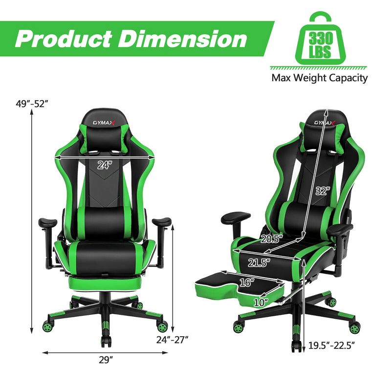 Costway High Back Gaming Chair Adjustable Office Computer Task Chair w/Footrest Green, 3 of 11