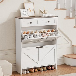 Freestanding Shoe Storage Cabinet with 2 Flip Doors & Drawer ¨C Narrow Wooden Shoe Rack Organizer for Entryway, Hallway, Living Room - 1 of 4