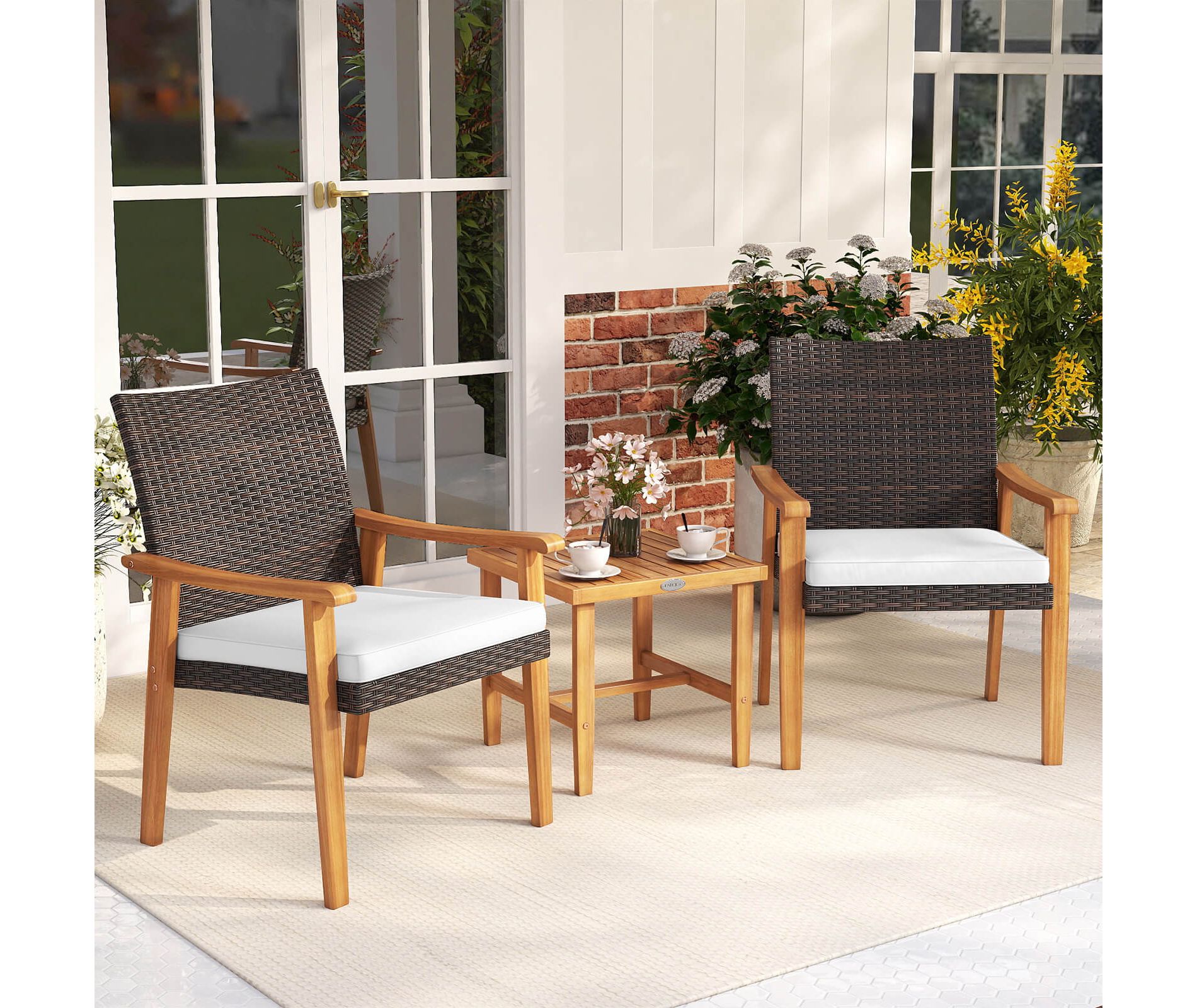 Costway 3 PCS Patio PE Wicker Furniture Set with Coffee Table and Cushions for Front Porch