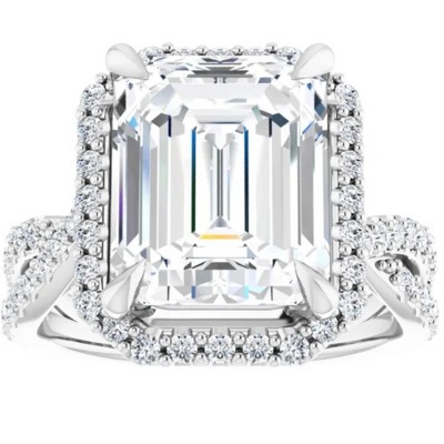 Pompeii3 5 3/4Ct Emerald Cut Moissanite & Diamond Engagement Ring White Yellow Rose Gold