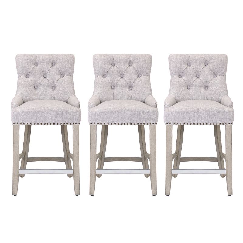 WestinTrends 24" Linen Tufted Buttons Upholstered Wingback Counter Stool (Set of 3), 1 of 4