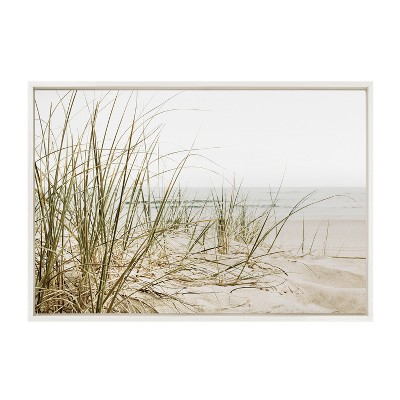 Calming Beach Grass Landscape Print on Canvas with White Frame