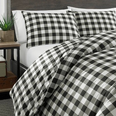Twin Black and White Cotton Plaid Duvet Cover Set