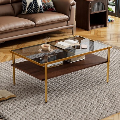 ALEXOUN Modern Rectangle Coffee Table with Tempered Glass Top & Metal Frame, Stylish Living Room Table, Easy Assembly for Home and Office