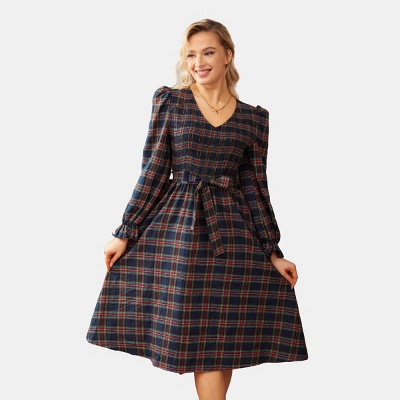 Women's Blue Plaid V-Neck Puff Shoulder Midi Dress - Cupshe
