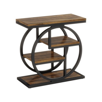 Lirago Brown 4-Tier Wood End Table MDF Metal Frame 25.59x11.81x25.59 Industrial Storage Shelf Side Table