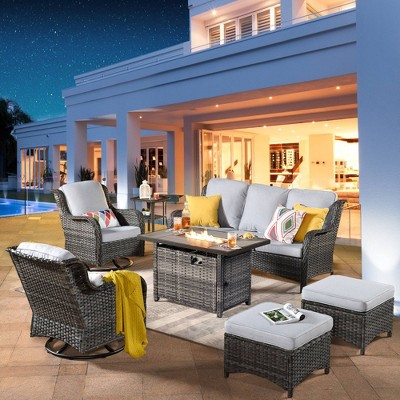 RTDTD Aluminum Patio Furniture Set With Fire Pit Table, 7 Seats Outdoor Patio