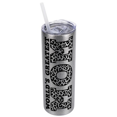 Elanze Designs Leopard Pattern Silvertone Sparkle 20 Ounce Double Wall Stainless Steel Glitter Travel Tumbler With Sliding Lid And Straw, World's