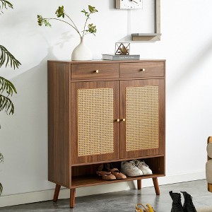 Okak Mid-Century Wood-Colored Rattan Design Shoe Cabinet SideBoard with Doors & Drawers,Freestanding Shoe Rack for Foyer,Entrances - 1 of 4