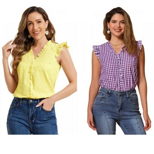 INSPIRE CHIC Women's Cap Sleeve Plaid Gingham Ruffle Shirt 2 Packs - 1 of 4