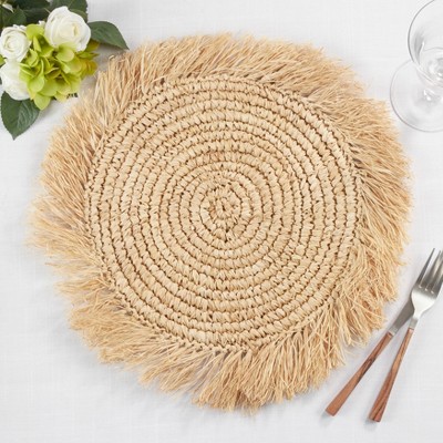 Natural Round Raffia Placemats with Fringed Edges, Set of 4