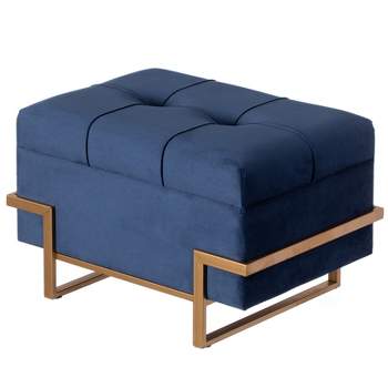 Fabulaxe Rectangle Velvet Storage Ottoman with Abstract Golden Legs | Sitting Bench for Living Room Home Decor with Unique Base Support (Blue Small)