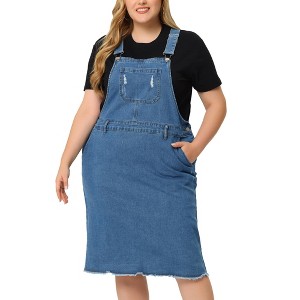 Agnes Orinda Women's Plus Size Overall Distressed Racerback with Pockets Denim Jumpers Dress - 1 of 4