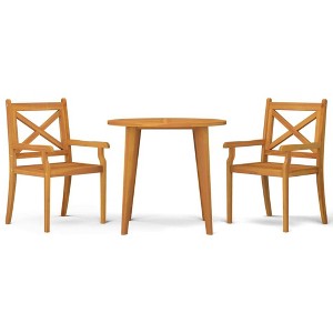 vidaXL 3pc Patio Dining Set - Solid Acacia Wood, Slatted Design, Rustic Brown Finish, Outdoor Patio Furniture, Round Table and Chairs - 1 of 4
