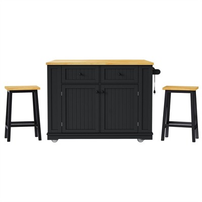 OUTSUPPLY Large Kitchen Island with Power Outlet, Drop Leaf, 5 Wheels, Internal Storage Racks, 2 Drawers & Open Shelves