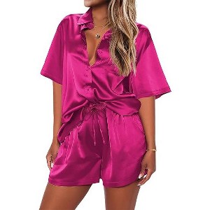 Ekouaer Pajamas for Women Silk Satin Pjs Soft Sleepwear Short Sleeve Button Down Pjs Top and Shorts 2 Piece Lounge Set - 1 of 4