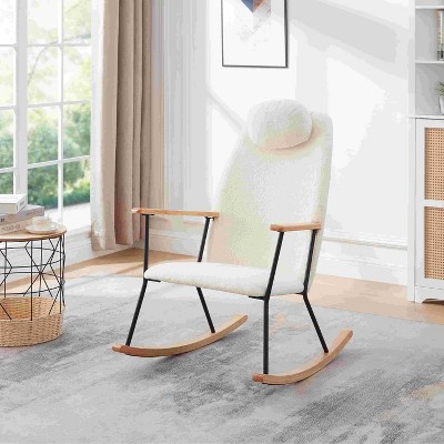 CAVINAS Teddy Fabric Glider Rocking Chair with High Backrest and Adjustable Headrest Pillow,Upholstered Rocking Chair,Nursery Accent Chair for Bedroom