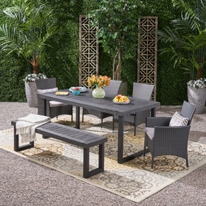 Christopher Knight Home Moralis Outdoor Acacia Wood and Wicker 6 Piece Dining Set with Bench - 1 of 4