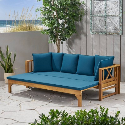 Long Beach Acacia Wood Extendable Daybed Sofa with Teal Cushions