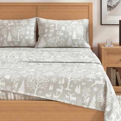 Queen Grey Cotton Flannel Sheet Set with Enchanted Woods Print